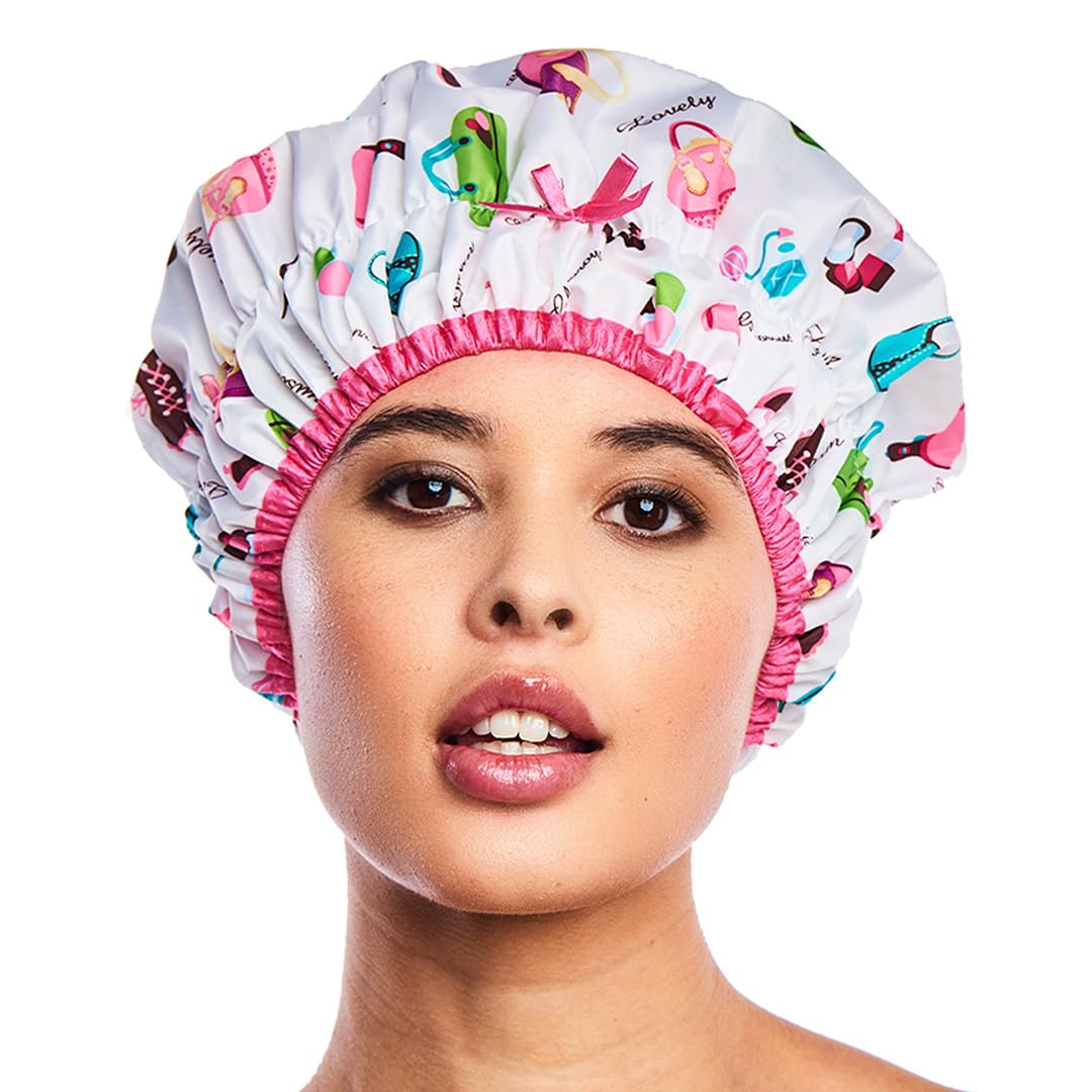 Reusable Shower Cap & Bath Cap & Lined, Oversized Waterproof Shower Caps Large Designed for all Hair Lengths with PEVA Lining & Elastic Band Stretch Hem Hair Hat - Fashionista Deco Dots