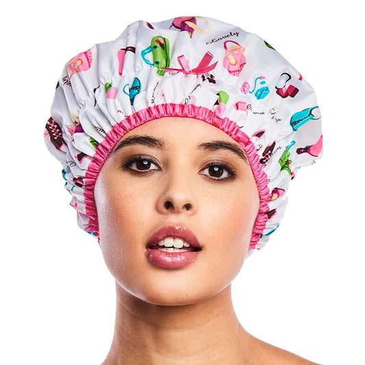 Reusable Shower Cap & Bath Cap & Lined, Oversized Waterproof Shower Caps Large Designed for all Hair Lengths with PEVA Lining & Elastic Band Stretch Hem Hair Hat - Fashionista Deco Dots
