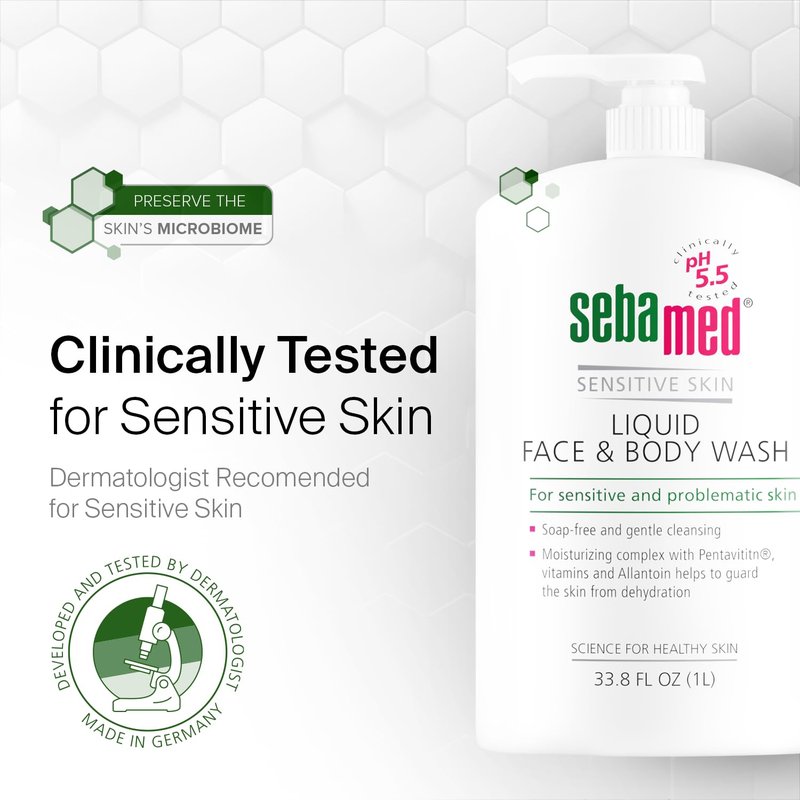 SEBAMED Liquid Face and Body Wash For Sensitive Skin pH 5.5 Mild Gentle Hydrating Cleanser Hypoallergenic Dermatologist Recommended 33.8 Fluid Ounces (1 Liter) For Healthier Smoother Skin