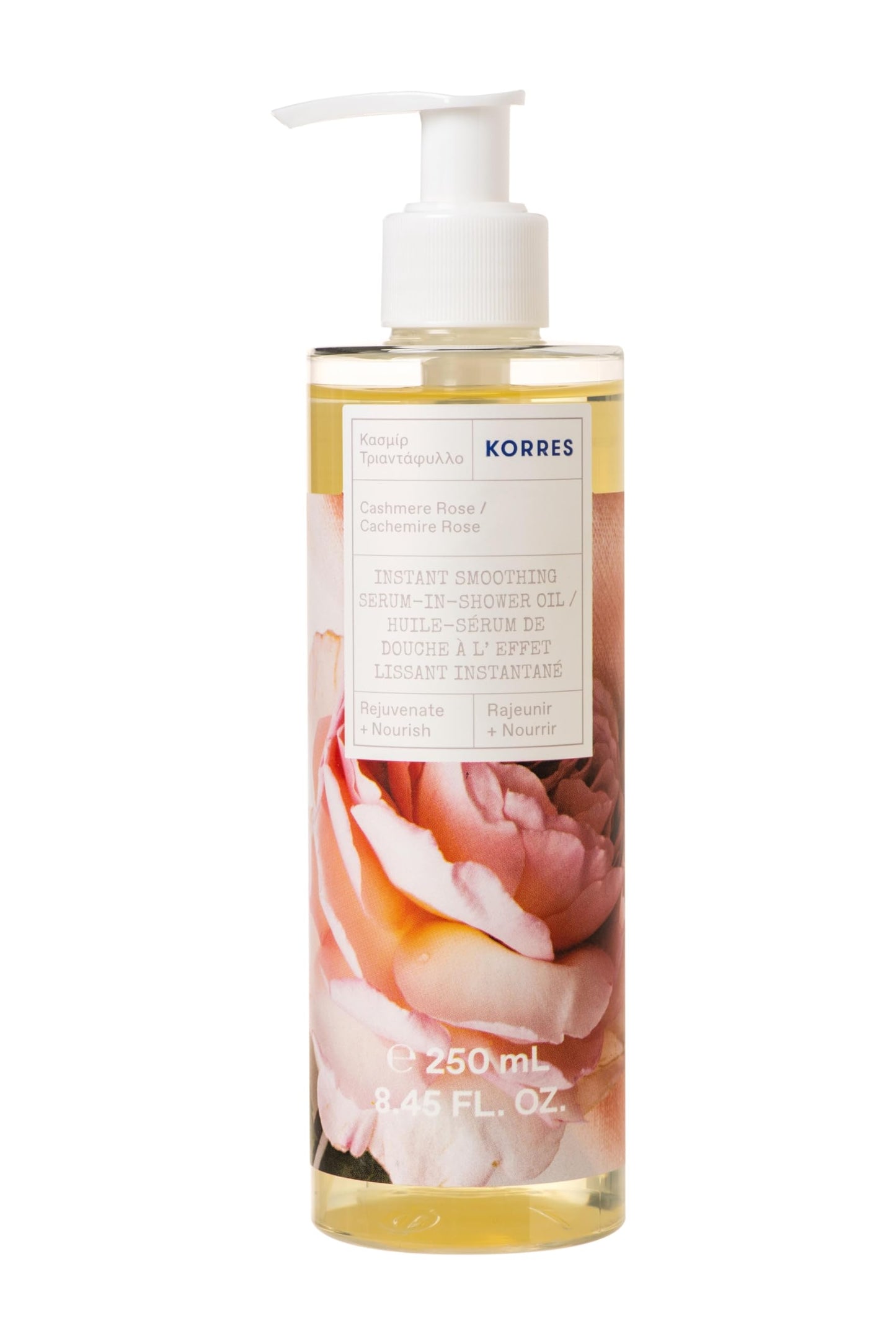 KORRES Instant Smoothing Serum Shower Oil, Lightweight Hydrating Body Oil for Men & Women, Daily After Shower Skin Care for Dry & Rough Skin, Nourishing Botanicals with Cashmere Rose Scent, 8.45 Fl Oz