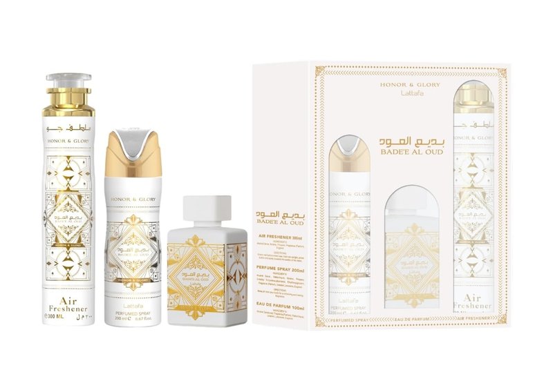 Lattafa Bade'e Al Oud Honor & Glory For Unisex 3 Piece Gift Set (3.4 Fl Oz EDP + 6.67 Fl Oz Deo + 10.14 Fl Oz Air Freshener)