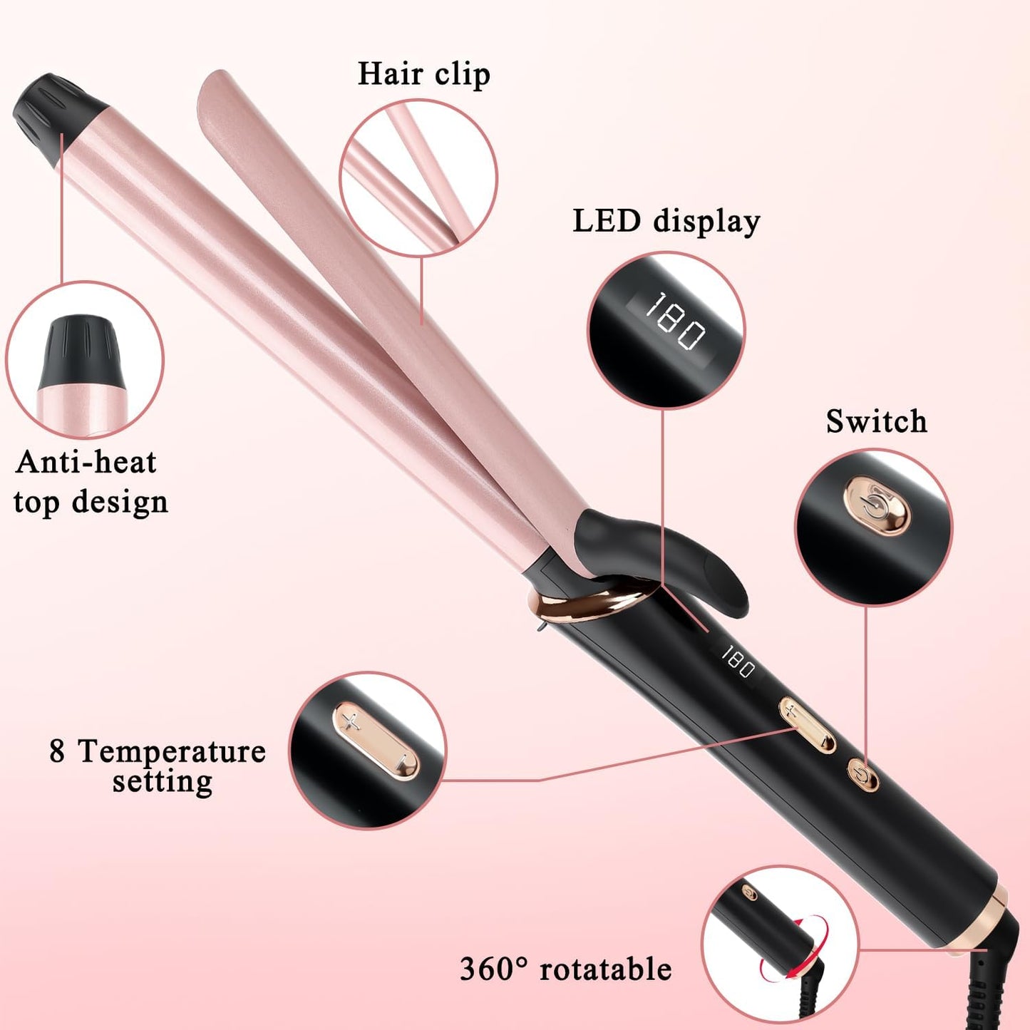 1-Inch Curling Iron - Long Barrel Curling Wand for Long Hair | Quick Heating, Adjustable Temperature 320°F-446°F