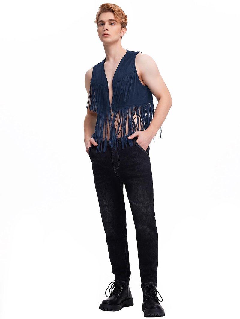 WDIRARA Men's Open Front Sleeveless Fringe Hem Party Club Jacket Vest Outerwear Navy Blue Solid S