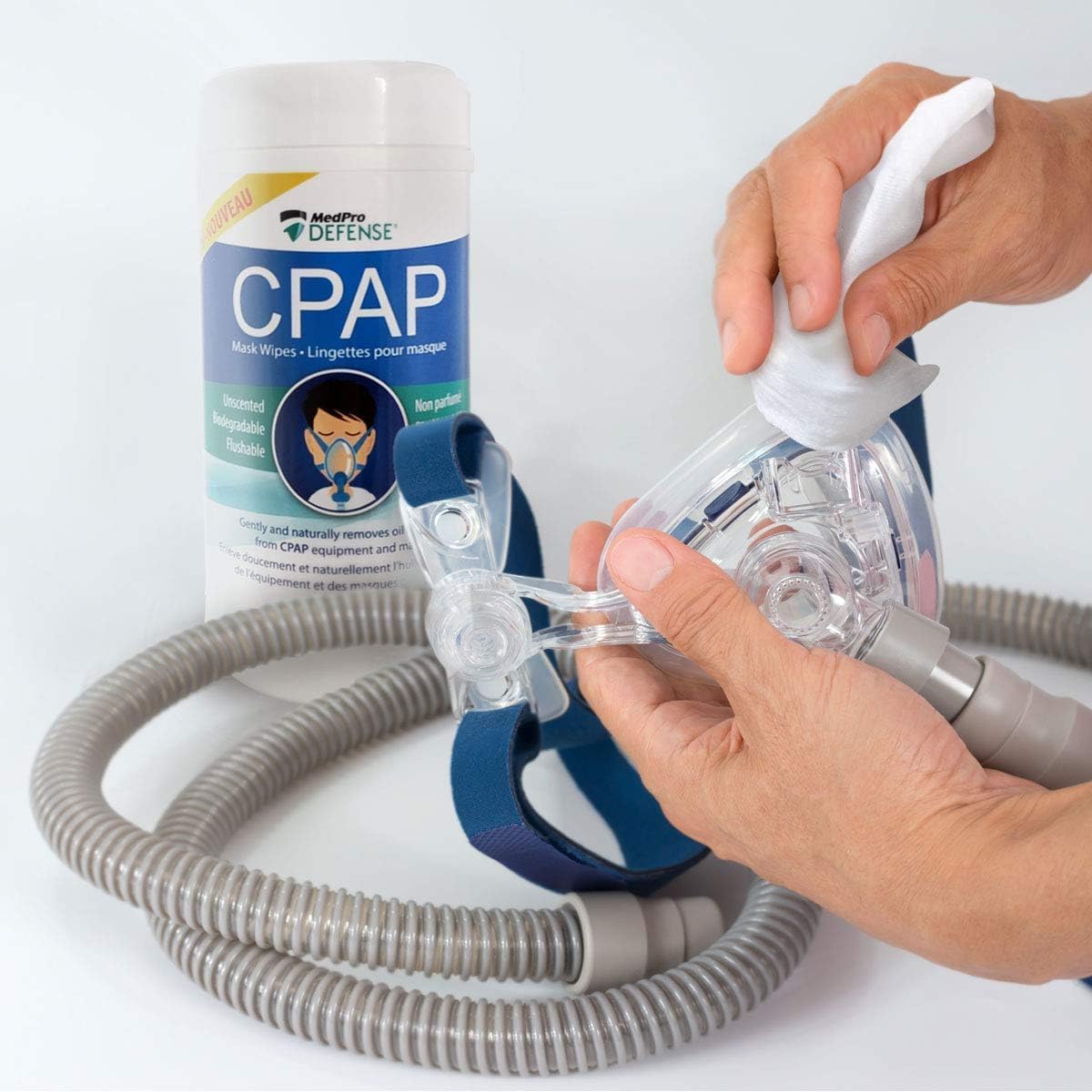 MedPro Defense CPAP Mask Cleansing Wipes for Daily Cleaning, Gently Removes Dirt and Oil, Biodegradable, Unscented, Lint-Free, and Flushable 62 count