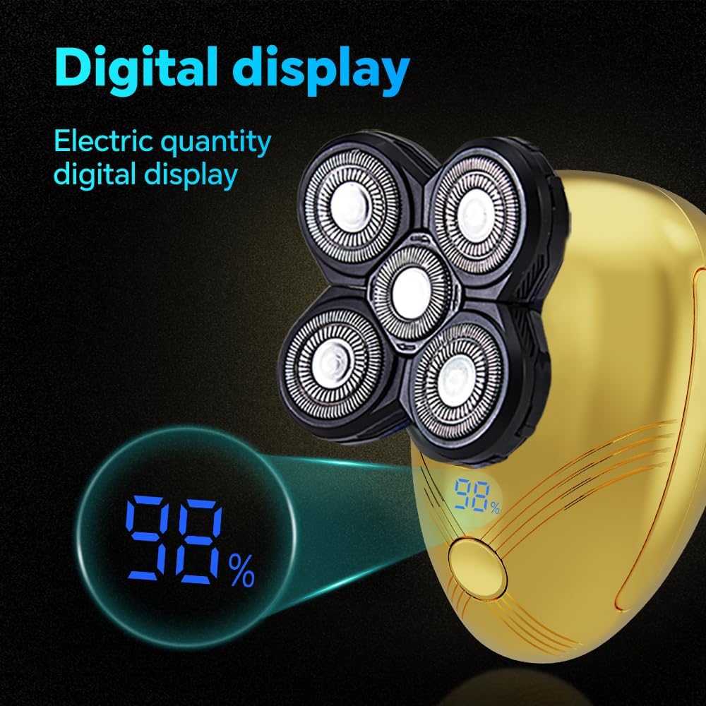 5-in-1 Electric Cordless Razor for Men | Bald Head Shaver Grooming Kit with Nose Trimmer & LED Display - Gold