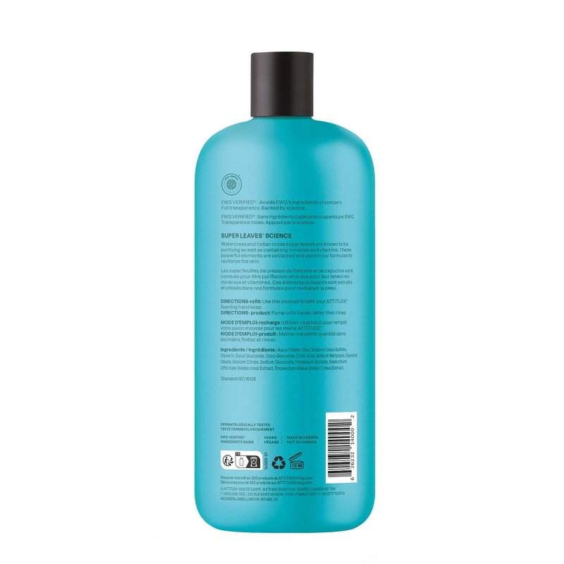 ATTITUDE Foaming Hand Soap Refill, EWG Verified, Gentle & Moisturizing Hand Wash, Great for Sensitive Skin, Plant-Based, Vegan, Unscented, 30 Fl Oz
