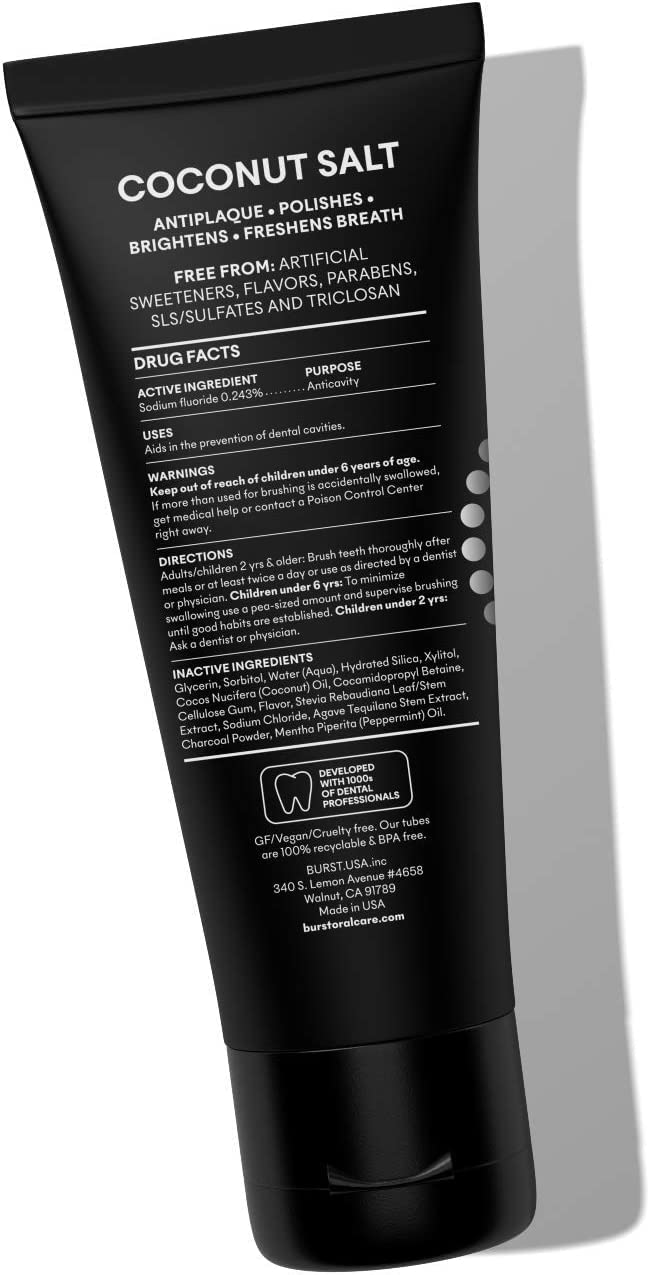BURST Charcoal Whitening Toothpaste for Adults (4.7oz) | for Sensitive Teeth with Cavity Fighting Fluoride & Xylitol |Vegan | Gluten & SLS Free | Coconut Salt