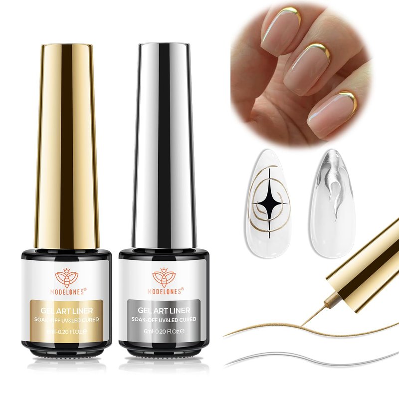modelones Metallic Gold Silver Gel Liner Nail Polish 2 Pcs Chrome Mirror 3D Effect Nail Art Polish Bronze Thin Brush For Swirl Soak Off French Tip DIY Salon Nail Glue Manicure Gift For Women Girls