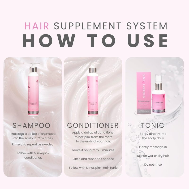JEMA COSMETICS MINOXIPINK Densifying Hair Shampoo & Conditioner Set, Thickening and Strengthening, with Biotin, Stem Cells & Hyaluronic Acid, Reduces Hair Loss & Stimulates Growth, 10.14 fl oz, 2 Pack