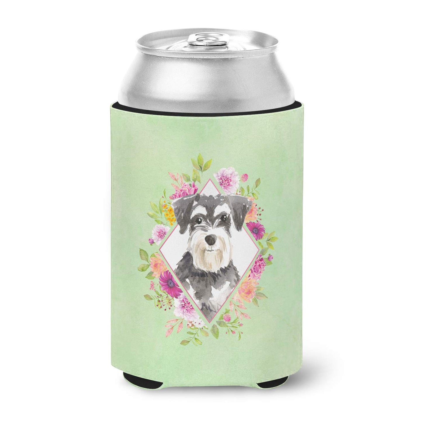 Caroline's Treasures CK4382CC Schnauzer #2 Green Flowers Can or Bottle Hugger Cooler Washable Drink Sleeve Collapsible Beverage Insulated Holder, Can Hugger, Multicolor