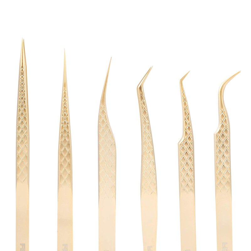 FEITA Eyelash Extension Tweezer Set Gold Lash Applicator Tool - Precision Lashes Diamond Grip Tweezers for 2D-6D Volume & Individual Eyelashes Extensions Supplies (6Pcs)