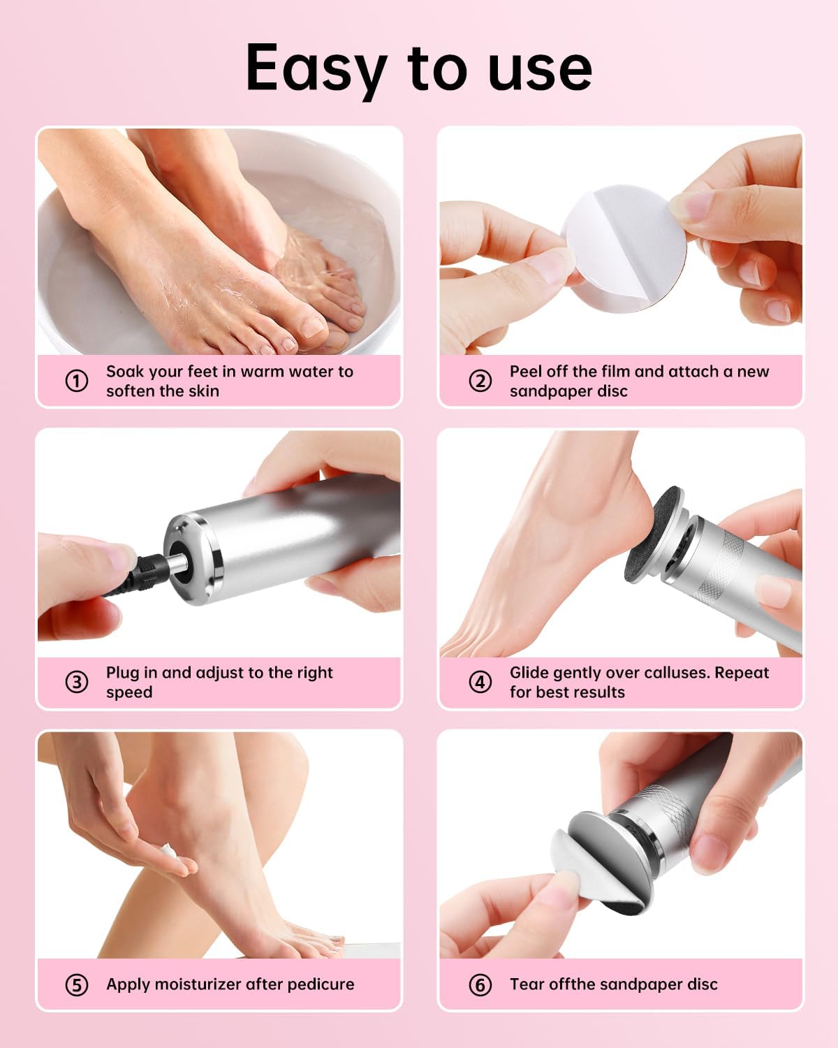 Electric Foot Callus Remover, Upgrade Electric Foot File Callus Remover for Feet, Adjustable Speed Foot File with 60 Pcs Sandpaper Discs, Foot Scrubber for Cracked, or Tough Skin and Calluses, Pink