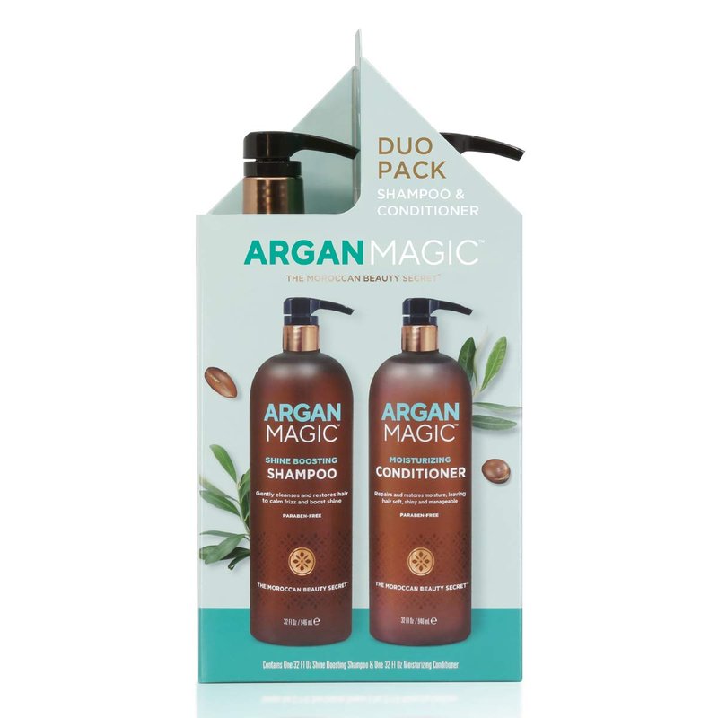Argan Magic Shine Boosting Shampoo & Moisturizing Conditioner Duo - Gently Cleanses, Boosts Shine, Controls Frizz, Restores Moisture, Detangles | Paraben Free, (32 oz)