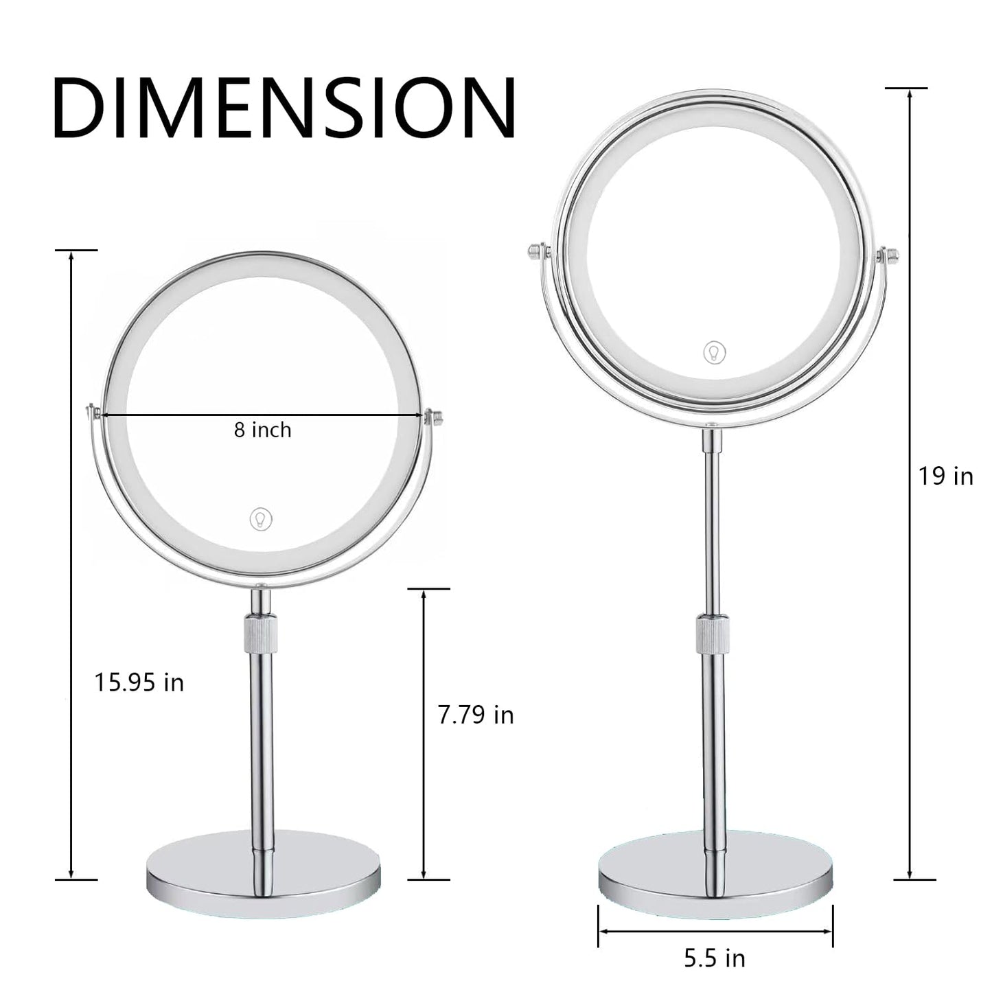 HIEEY Lighted Makeup Mirror with Magnification, 1x/10x Rechargeable 8" Lighted Mirror, 360° Rotation Touch Screen Vanity Mirror, Three Color Lighting Modes, Height Adjustable (Gift Box)