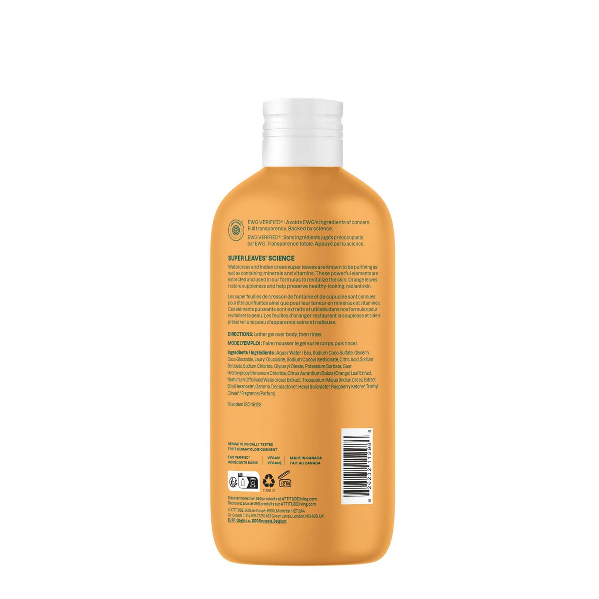 ATTITUDE Body Wash, EWG Verified Shower Gel, Dermatologically Tested, Plant and Mineral-Based, Vegan Personal Care Products, Orange Blossom & Eucalyptus, 16 Fl Oz