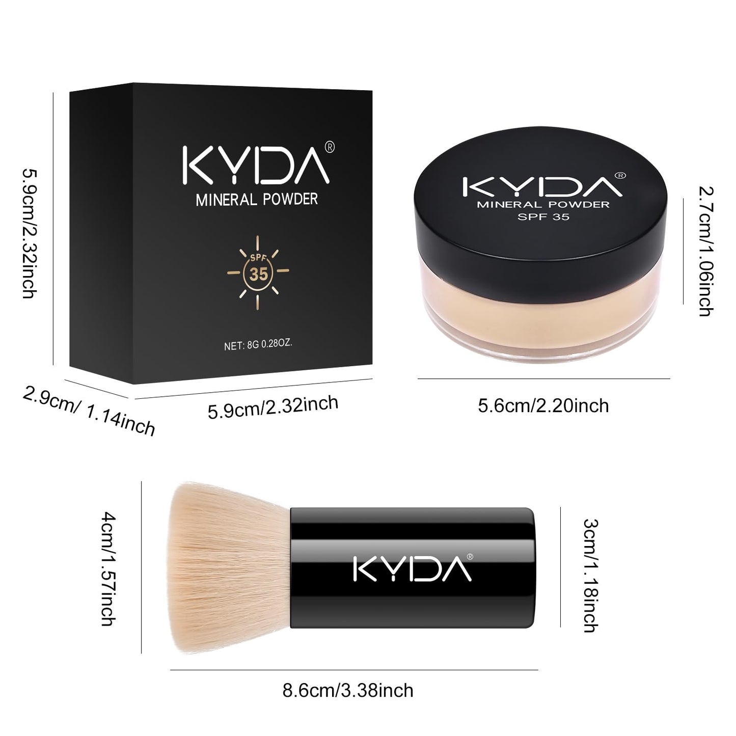 KYDA Mineral Loose Powder Foundation, SPF 35, Skin-improving Mineral Foundation with Brush, Lightweight Buildable Coverage, Natural Glow Loose Powder Base Makeup, Fair Light, 0.28 oz