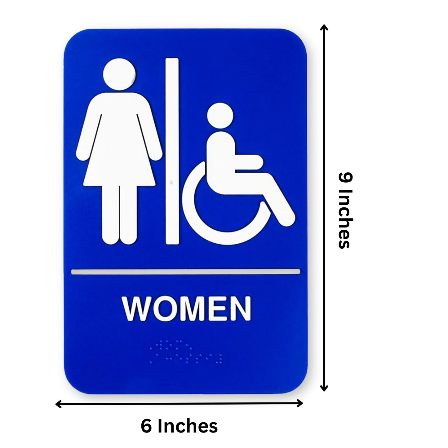 TableCraft 695630 Women Handicap Accessible Bathroom Sign, ADA Compliant with Braille, Raised Text and Symbols, Self-Adhesive, Polystyrene, 6" x 9", Black, 1-Pack