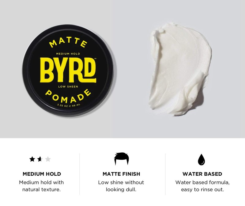 BYRD Hair Matte Pomade - Medium Hold, No Sheen, For All Hair Types, Mineral Oil & Paraben Free, Phthalate & Sulfate Free, Cruelty-Free, Water Based, 3.35oz