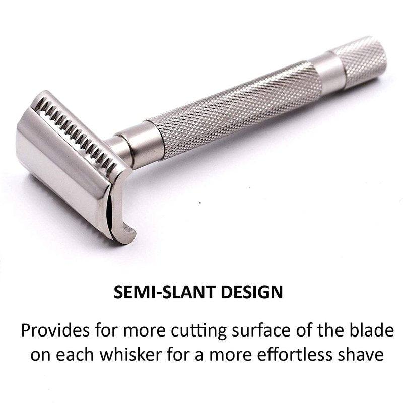 Parker Semi-Slant Safety Razor – Satin Chrome Finish | Smooth, Efficient Double Edge Wet Shaver for Men | Slanted Cutting Action + 5 Platinum Blades Included | Iconic Brand