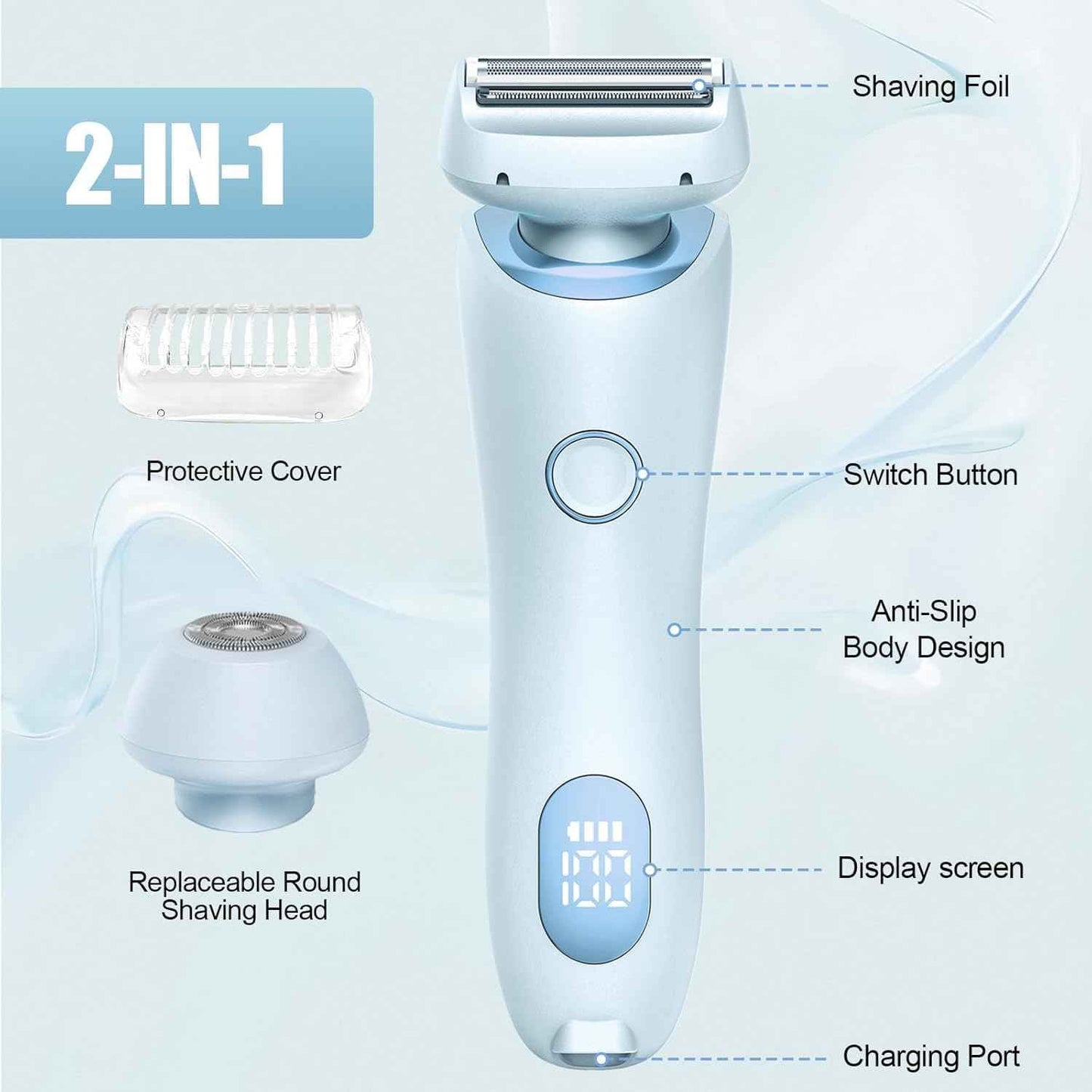 Livora Electric Shaver for Women, 2 in 1 Glide Pro 3.0 Razor, Silk Glide Pro Shaver 2 with Removable Head, Wet & Dry Waterproof, Rechargeable Cordless for Bikini, Leg, Arm, Underarm, Body (Blue)