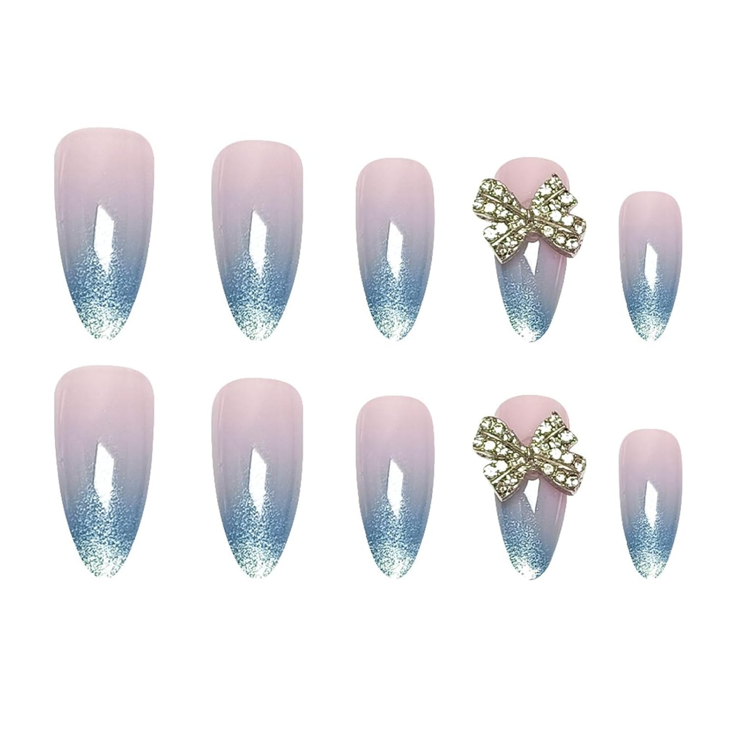 French Tip Almond Press-On Nails with Gold Bow | Reusable Glossy Acrylic False Nails for Women