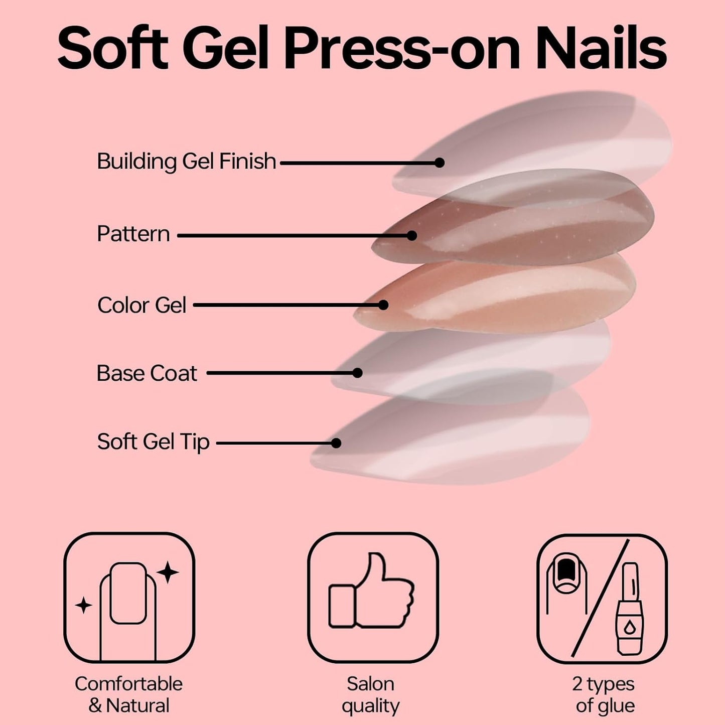 French Almond Gel Press On Nails Short 16 Sizes Fake Nails Glossy 32pcs, Nail Glue Included