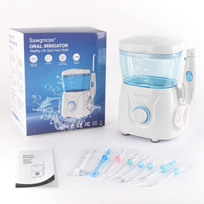 Sawgmore Water Flosser Oral Irrigator, 600 ml Large Capacity, 10 Adjustable Pressures, Electric Flosser for Teeth/Braces, 8 Home Nozzles Oral Irrigator(White)