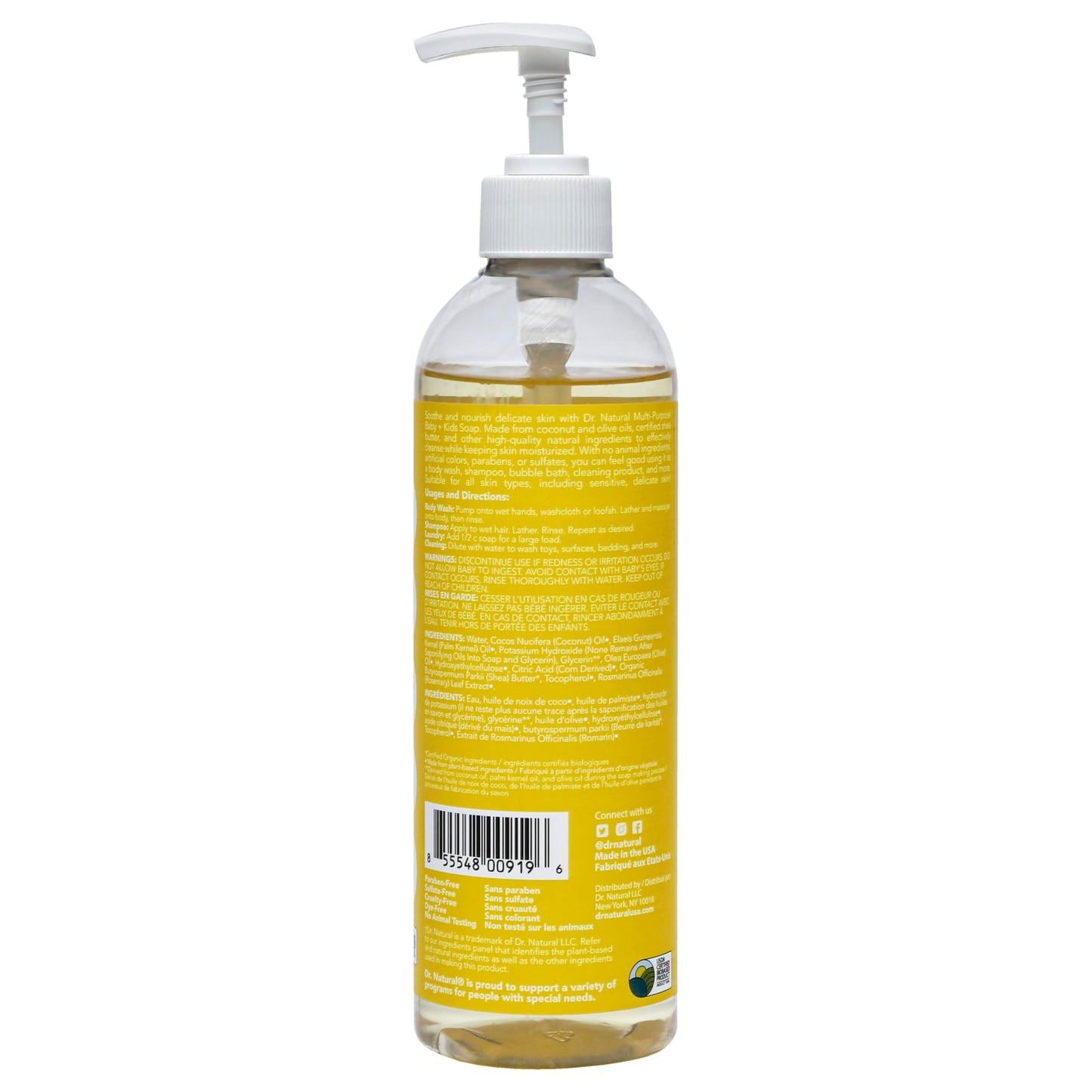 Dr. Natural Multi-Purpose Baby Plus Kids Soap - Body Wash and Shampoo - Gentle Soap with Shea Butter - Newborn Safe - Unscented - 16 oz