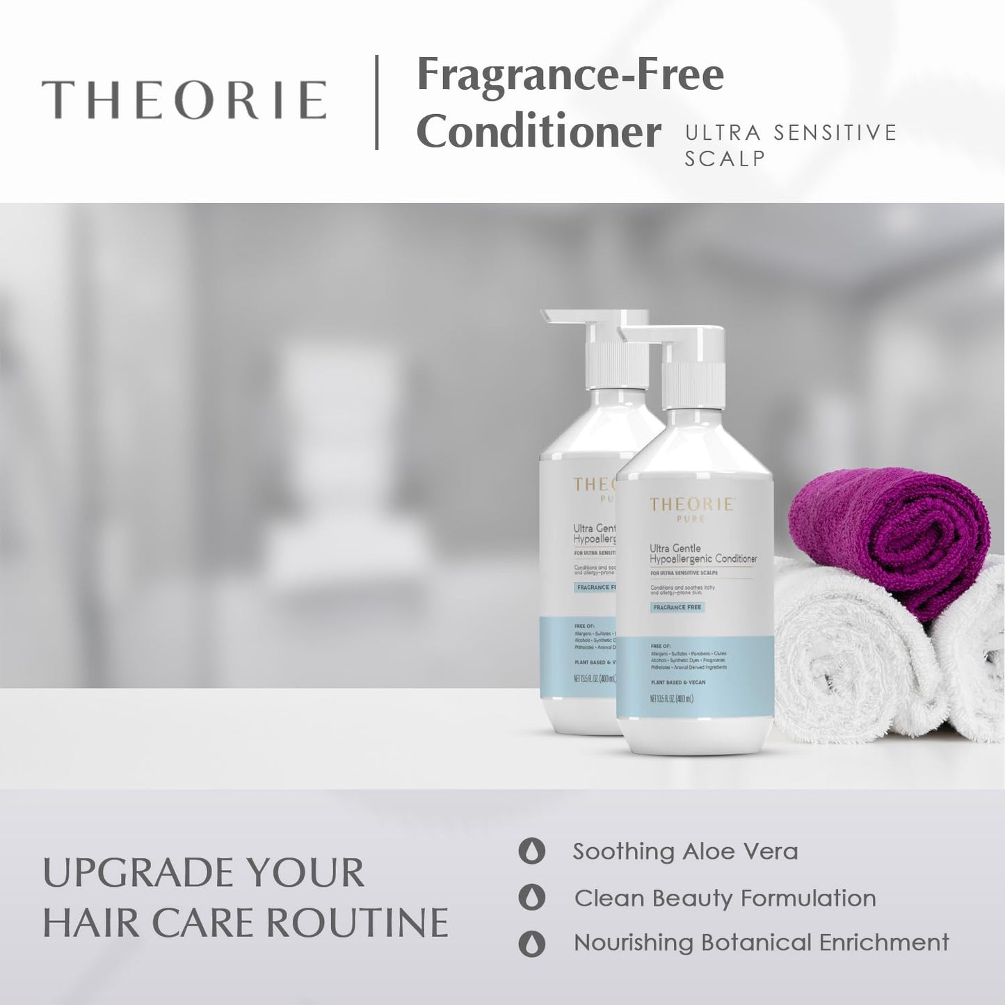 Theorie Pure Ultra Gentle Hypoallergenic Conditioner - Vegan, Plant-Based Formula for Itchy Skin | Fragrance-Free, 400mL Pump Bottle