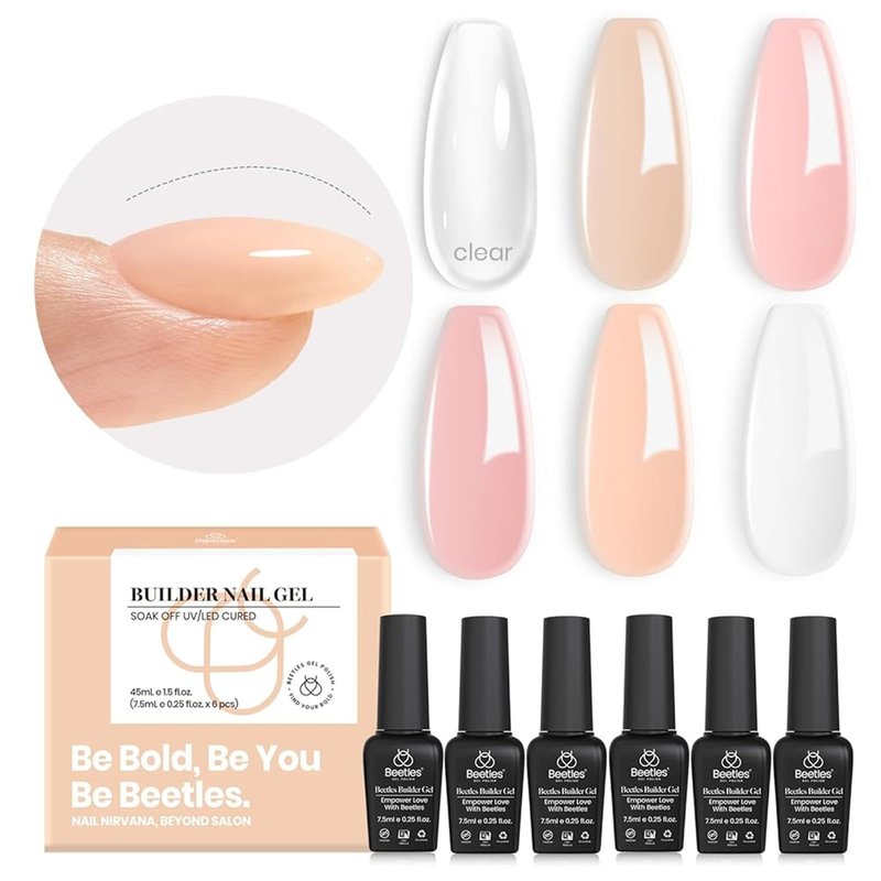 Beetles Builder Gel Set,6 Colors Soft Nude Whisper Nude Pink Building Gel,8 in 1 Strengthening Building Instant Apex & Nail Extension,for Beginners DIY Salon at Home Gifts,UV & LED Lamp Needed