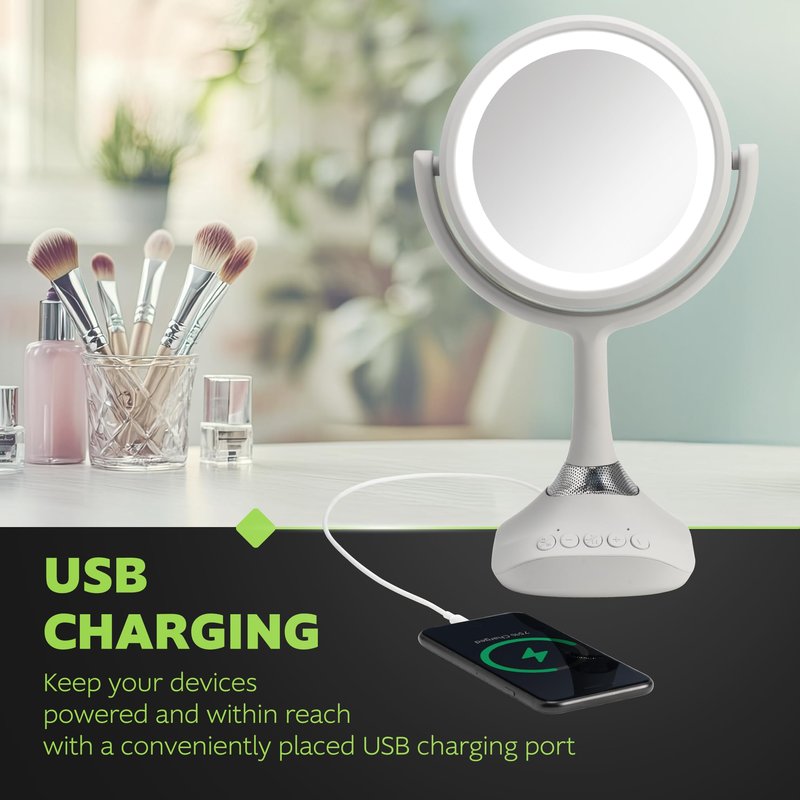Homewerks 76-101-BT 7.5-inch Personal Makeup Mirror with Bluetooth Speakers and LED Lighting, Handheld Bluetooth Vanity Mirror with Lights for Bathrooms, Bedrooms, or Dorm Room Essentials