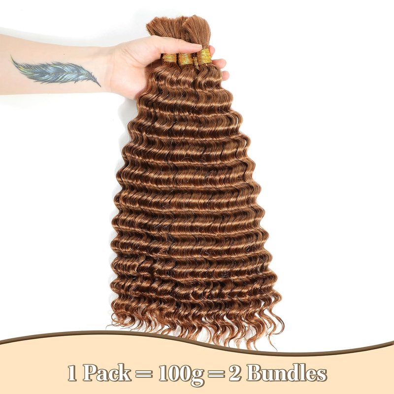 Labamiya Curly Braiding Human Hair 100g 22 Inch Color 30 Auburn Brown Deep Water Wave Bulk for Braiding No Weft Brazilian Virgin Deep Curly Human Hair Extensions for Boho Braids
