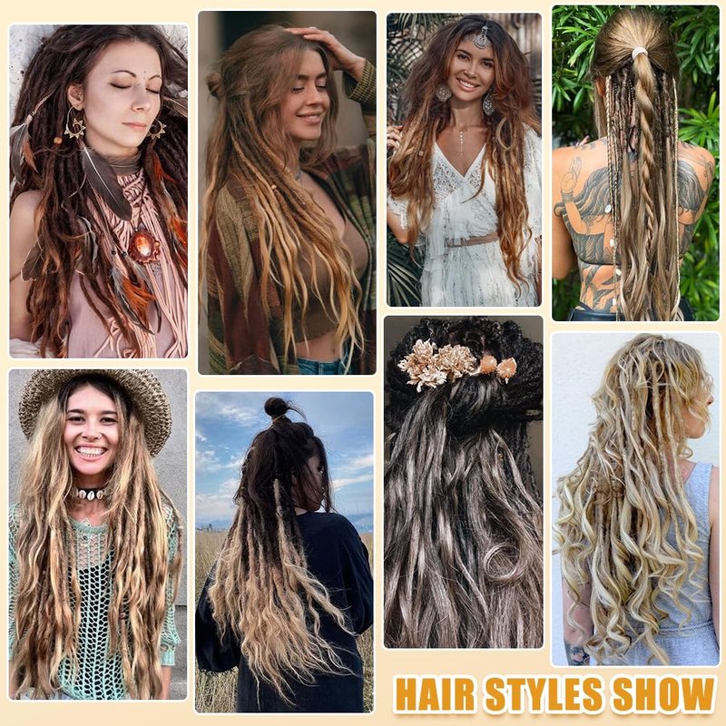 BUFENGSUN French Curly Dreadlocks Synthetic Single Ended Dreadlock Extension with Loose Wave Ends 24inches 50 Strands Thin Soft French Curly SE Dread Extensions for Women (27/613,50 strands)