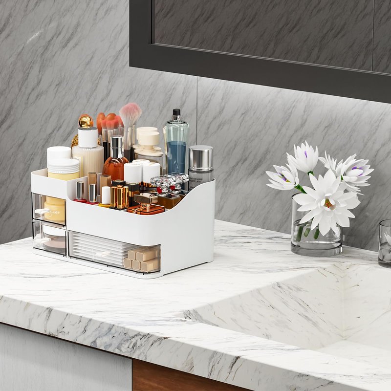 SuoXing White Make up Organizers for Vanity,Large Plastic Bathroom Counter Organizer With Drawers,Skincare Organizers and Cosmetic Storage for Dresser Top Skin Care,Beauty Products and Brush Holder