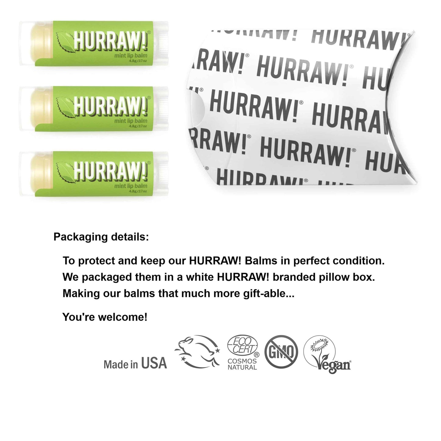 Hurraw! Mint Lip Balm, 3 Pack: Organic, Certified Vegan, Cruelty and Gluten Free. Non-GMO, 100% Natural Ingredients. Bee, Shea, Soy and Palm Free. Made in USA