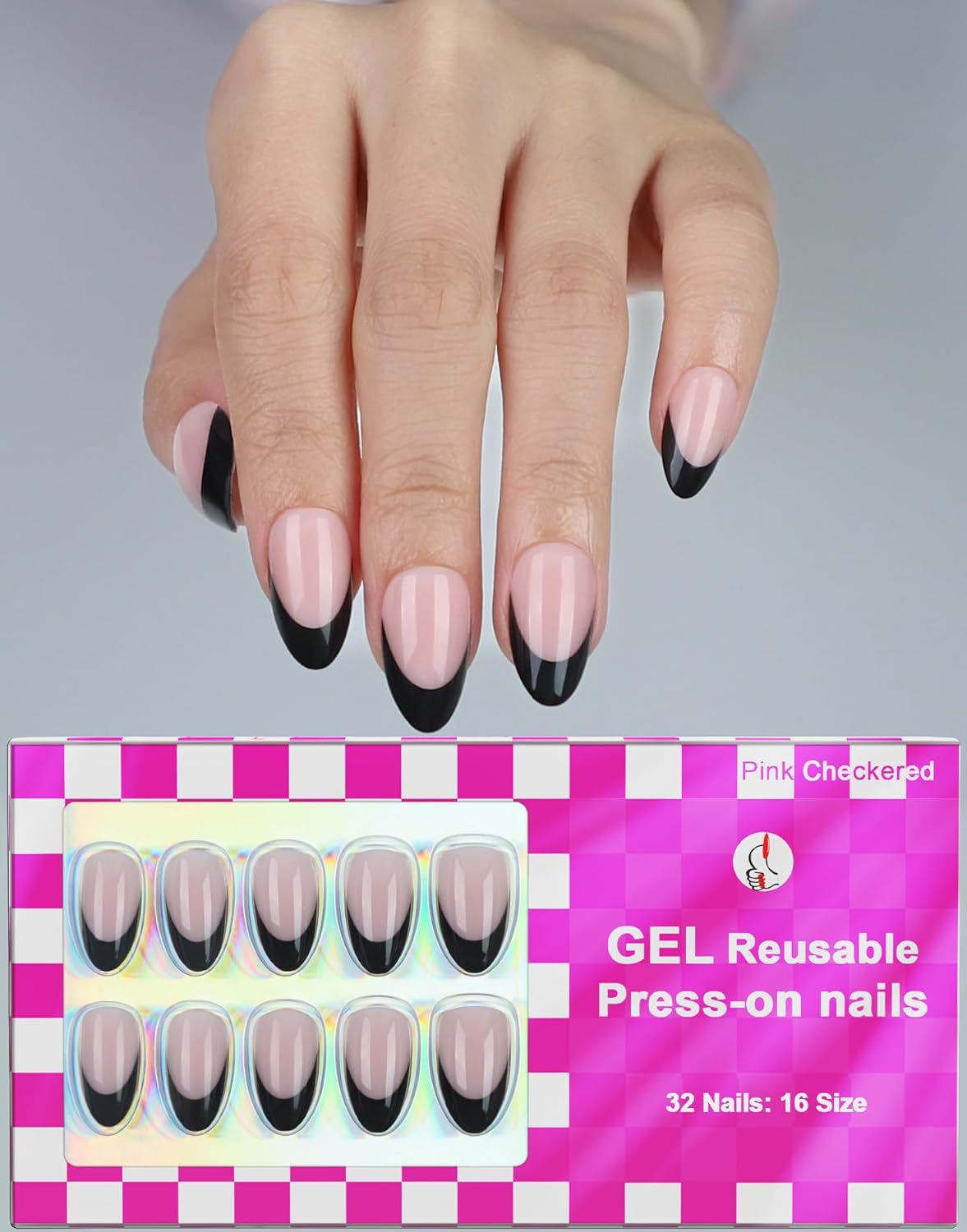French Almond Gel Press On Nails Short 16 Sizes Fake Nails Glossy 32pcs, Nail Glue Included
