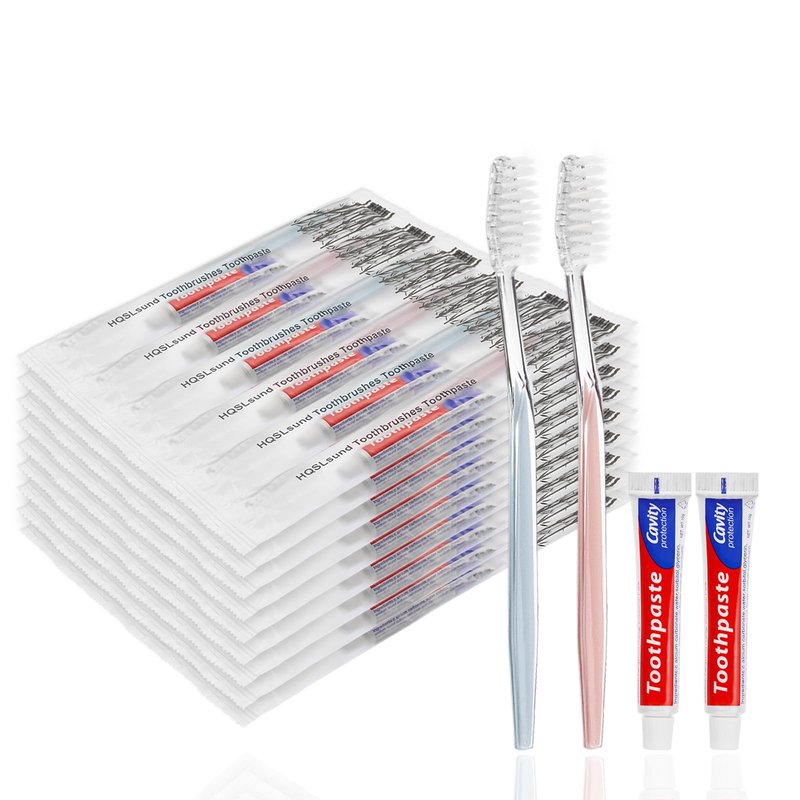 HQSLsund 100 pcs Disposable Toothbrushes with Toothpaste, 2 Color Toothbrushes and Toothpaste 10g, Bulk for Homeless, Airbnb, Hotel