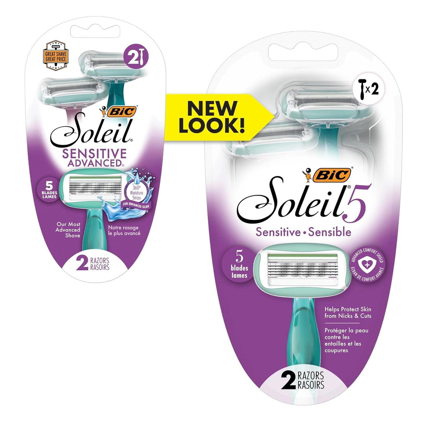 BIC Soleil Sensitive Advanced Women's Disposable Razors With 360 Degree Moisture Strips For Enhanced Glide, Shaving Razors With 5 Blades, 2 Count