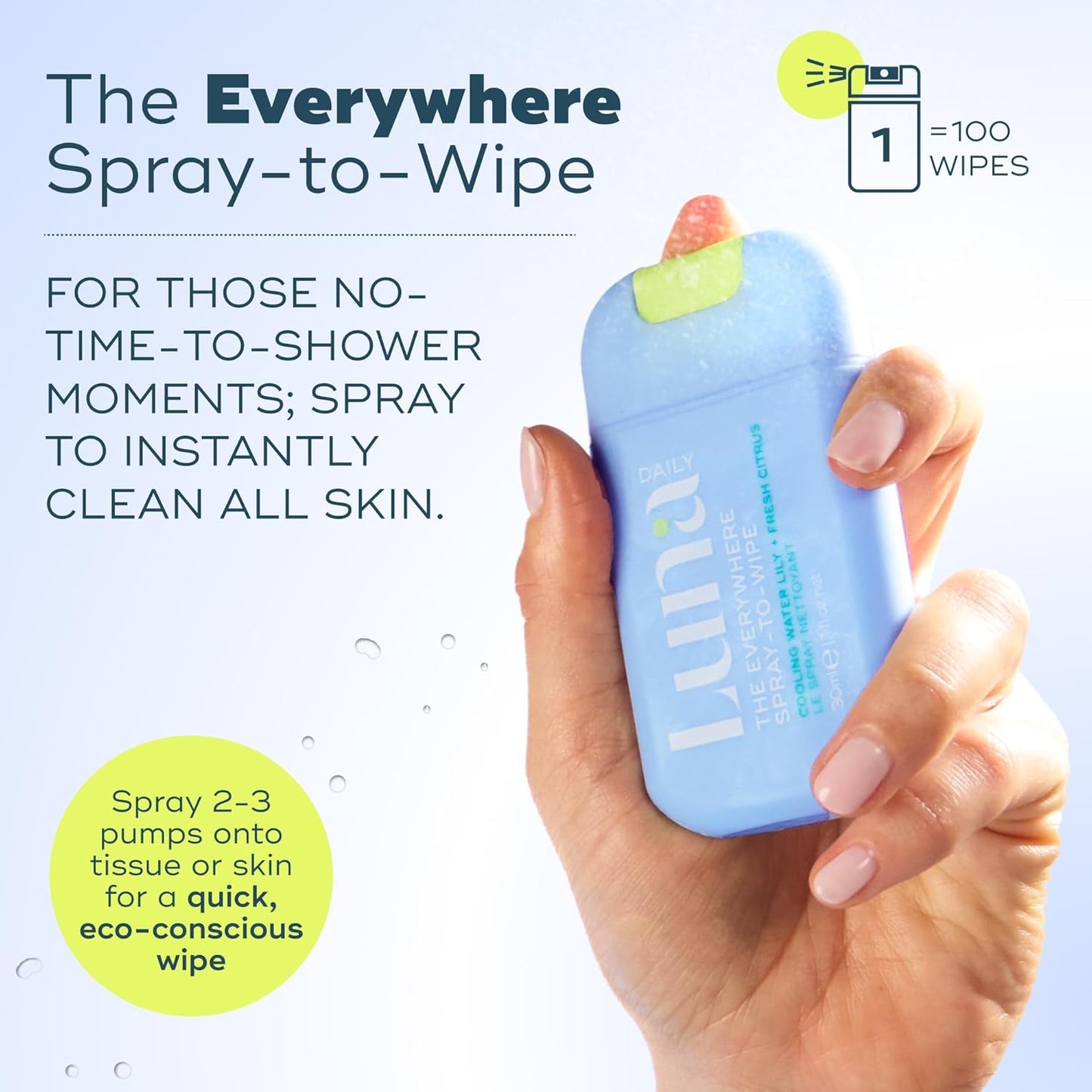 Luna Daily Everywhere Spray-To-Wipe | Hydrating Cooling Body Mist for Feminine Care | Water Lily & Citrus | 80ml