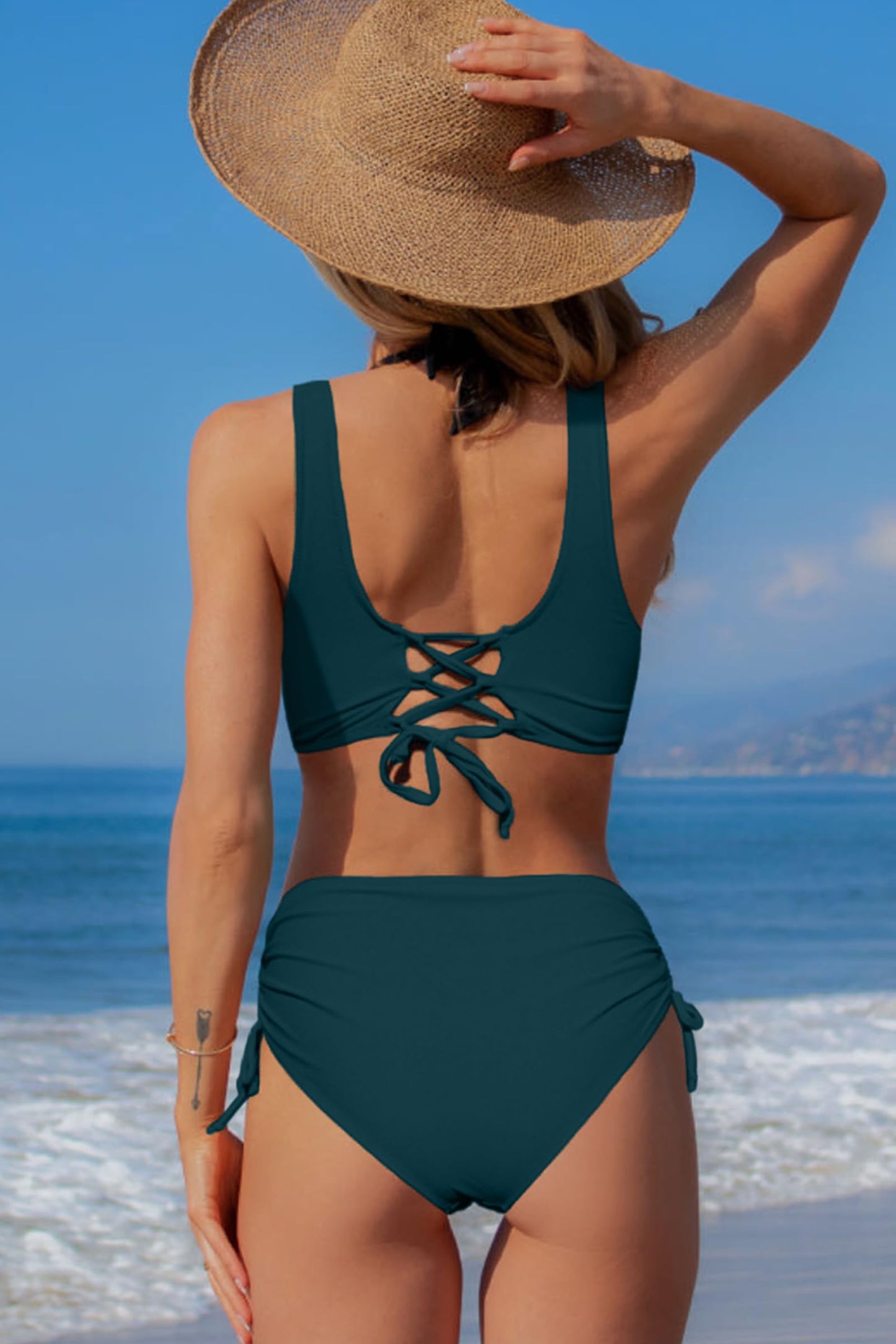 Beachsissi Women's High Waist Bikini Twist Front Tie Back 2 Piece Swimsuits, Teal, M