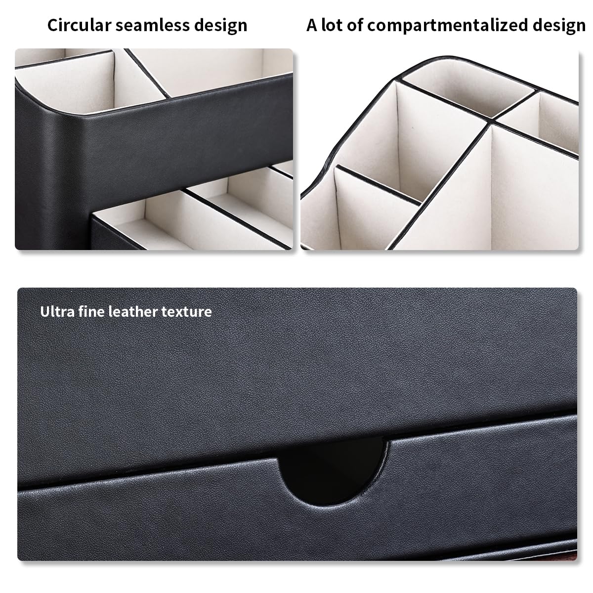 KINGFOM Leather Makeup Organizer with Drawer, Cosmetic Storage for Dresser Countertop and Bathroom Vanity, Beauty Holder for Lipstick Brush Skincare, Mother’s Day Gift for Mom(Black)