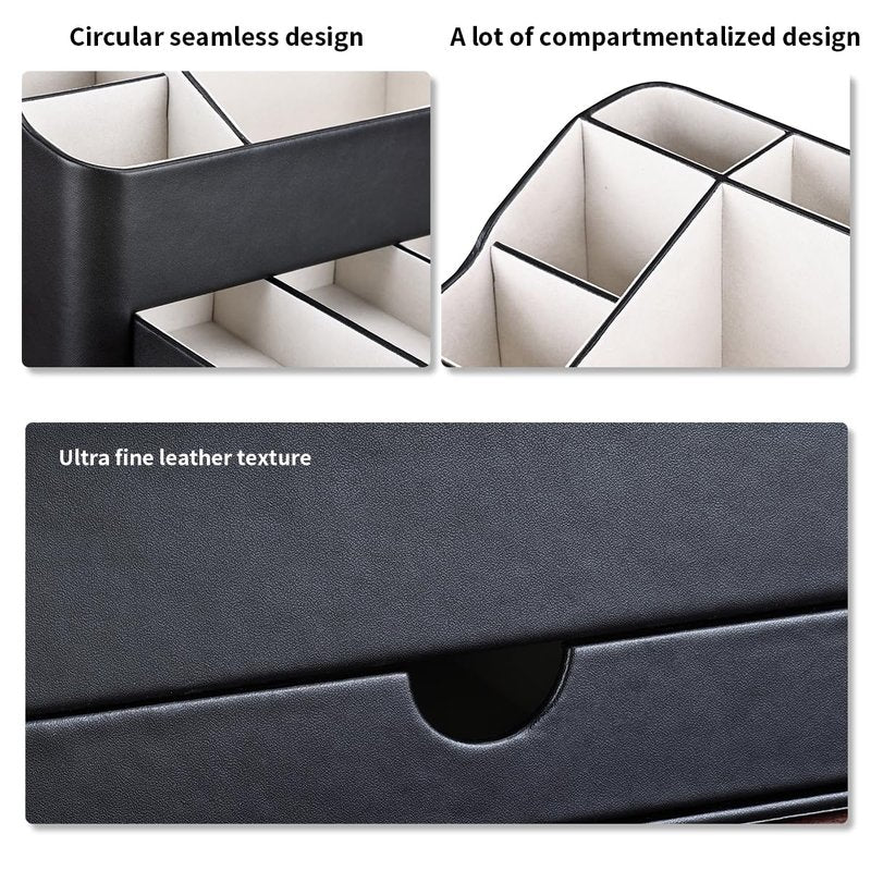 KINGFOM Leather Makeup Organizer with Drawer, Cosmetic Storage for Dresser Countertop and Bathroom Vanity, Beauty Holder for Lipstick Brush Skincare, Mother’s Day Gift for Mom(Black)
