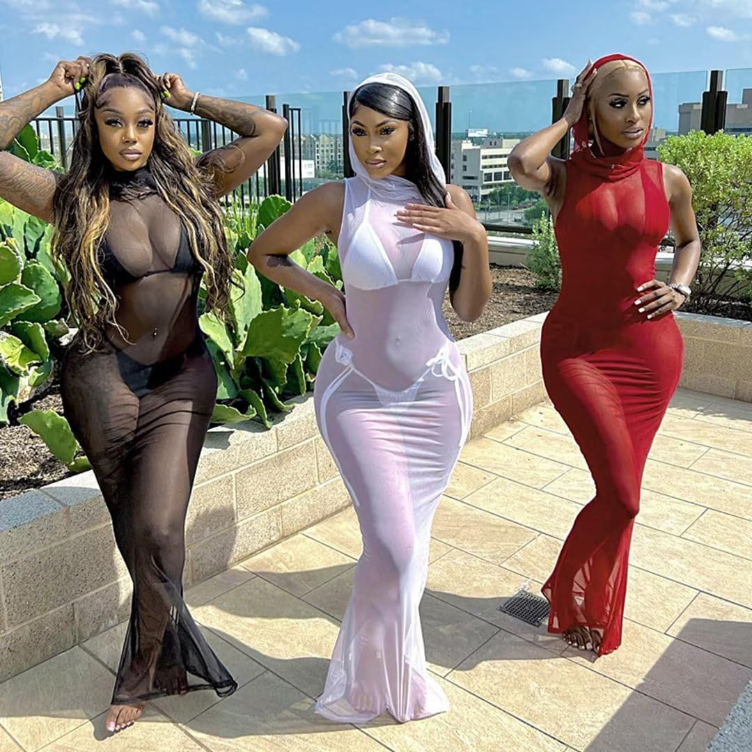 3 Piece Swimsuit Bathing Suit for Women Sexy Halter Bikini Sets with Sleeveless Sheer Mesh Maxi Cover Up Dress White S