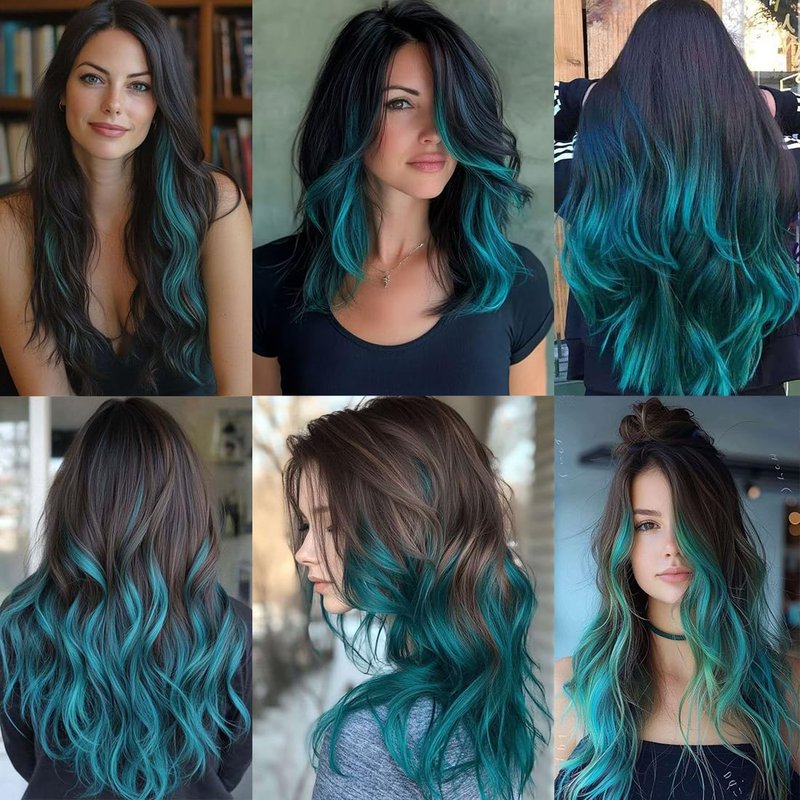 18 Inch Tape in Hair Extensions - 10 Pieces (2g/Piece) 100% Remy Human Hair - Includes Waterproof Tapes - Black Teal Green Balayage