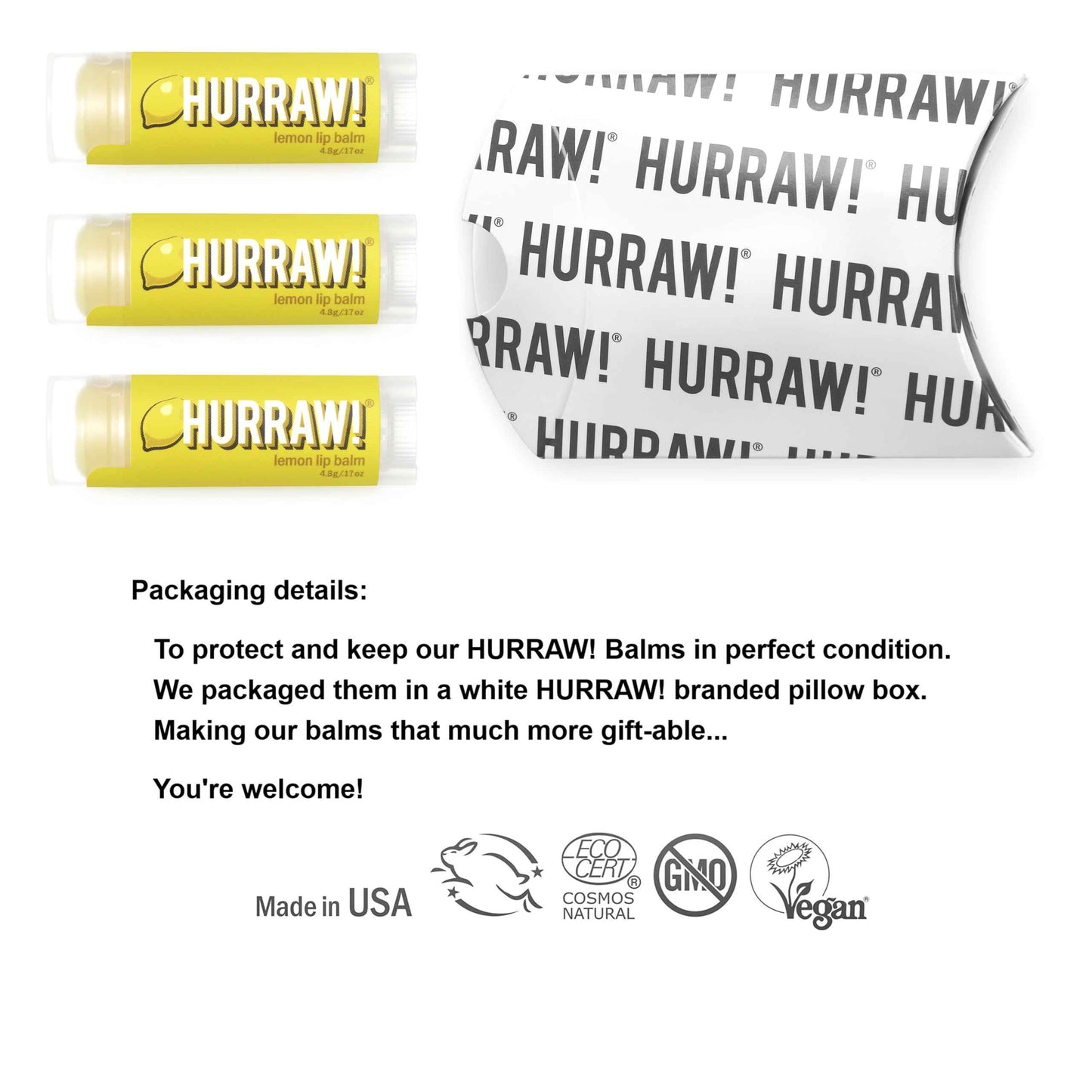 Hurraw! Lemon Lip Balm, 3 Pack: Organic, Certified Vegan, Cruelty and Gluten Free. Non-GMO, 100% Natural Ingredients. Bee, Shea, Soy and Palm Free. Made in USA