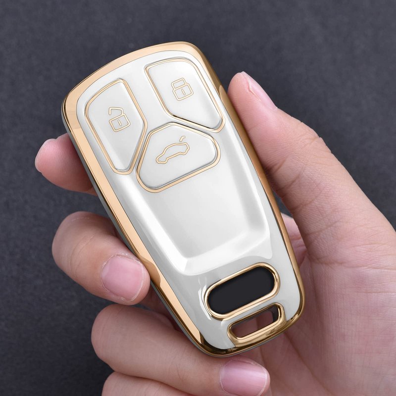 ELOHEI for Audi Key Fob Cover, Premium Soft TPU 360 Degree Full Protection Key Case Accessories Compatible with Audi A4 Q7 Q5 TT A3 A6 SQ5 R8 S5 Smart Key(Gold Edge White)