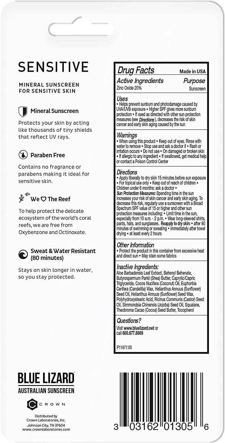 BLUE LIZARD Sensitive Mineral Sunscreen Stick with Zinc Oxide, SPF 50+, Water Resistant, UVA UVB Protection Easy to Apply, Fragrance Free, 0.5 Oz (Pack of 2)