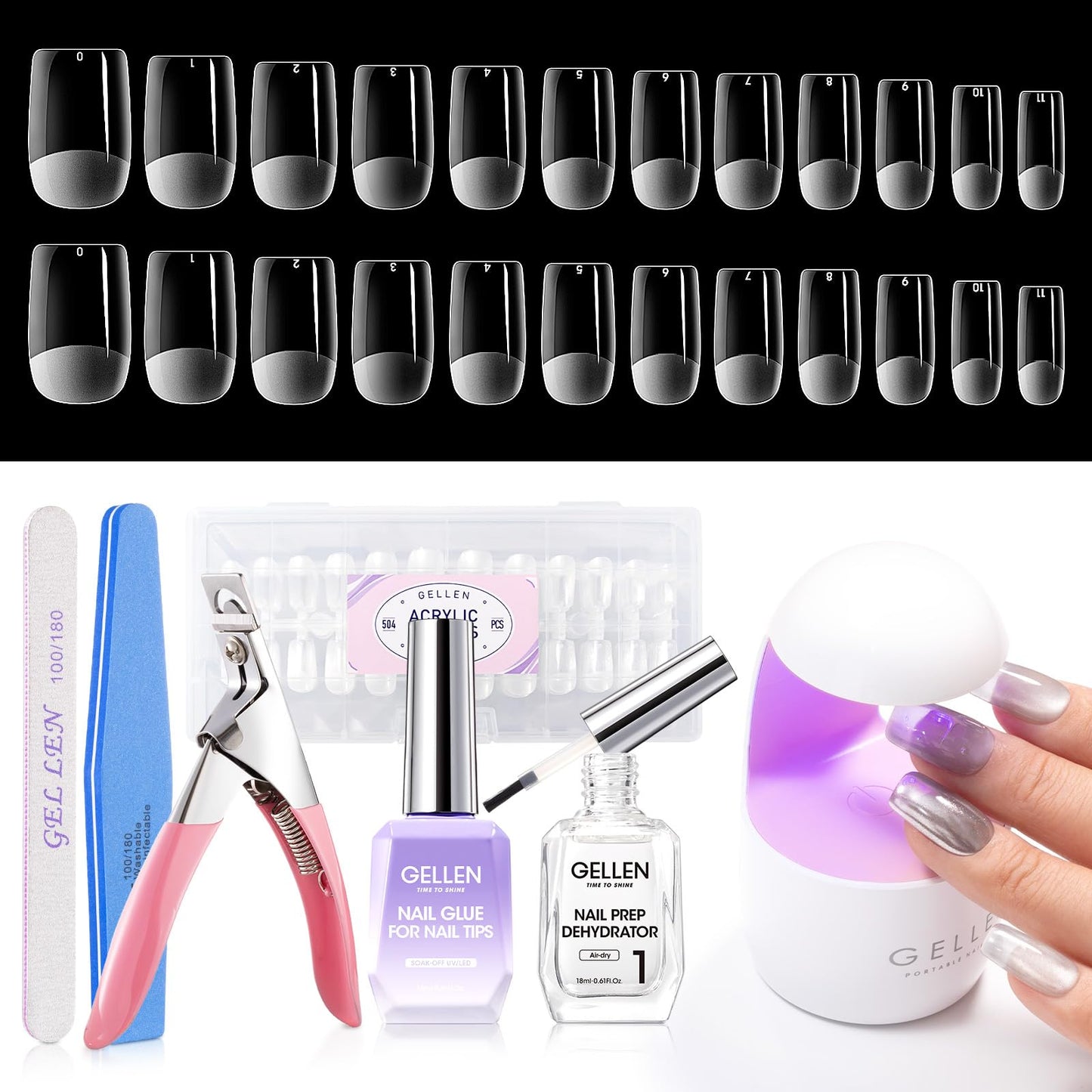 Gellen Gel Nail Kit, 504Pcs Pre-Shaped Short Square Nail Tips, 7 in 1 Gel Nail Glue, Nail Dehydrator, UV/Led Nail Light, Nail Clipper & Files, Gel Tips Nail Extension Set, Home Salon DIY Manicure Set
