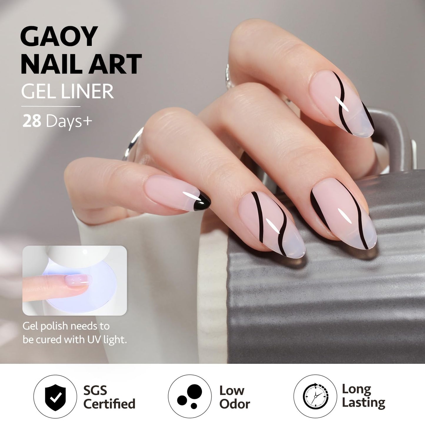 GAOY White Swirl Gel Nail Polish Art Liner, 8ml Classic Color Nail Paint Design with Thin Brush, UV Light Cure for DIY French Manicure at Home