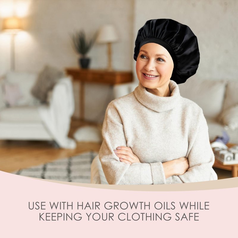 Only Reusable Oil Proof Nightcap, Protective Hair Bonnet and Shower Cap Too. Leakproof, Oilproof, and Waterproof. Larger Area to Accommodate Long Hair, Comfort Elastic Band (Small to Medium), Black